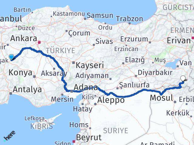 Afyonkarahisar İscehisar Hakkari Arası Kaç Km - Yol Haritası