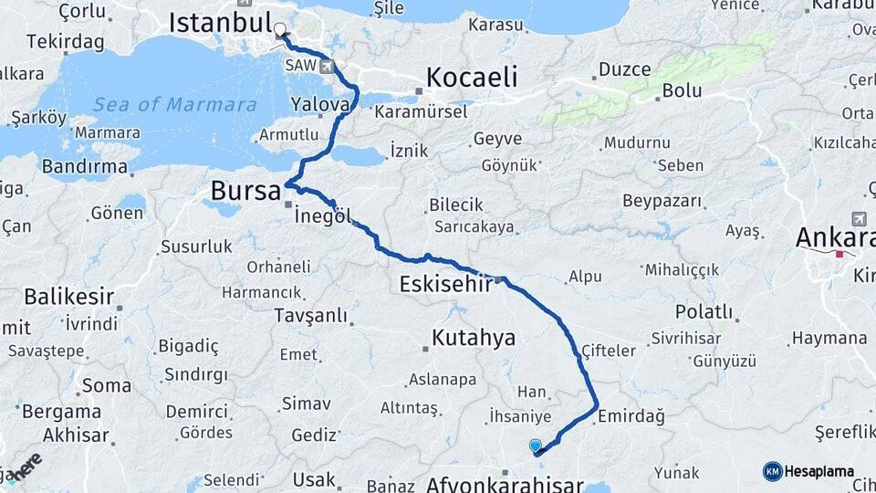 Afyonkarahisar İscehisar İstanbul Arası Kaç Km - Yol Haritası