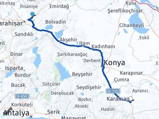 Afyonkarahisar İscehisar Karaman Arası Kaç Km - Yol Haritası