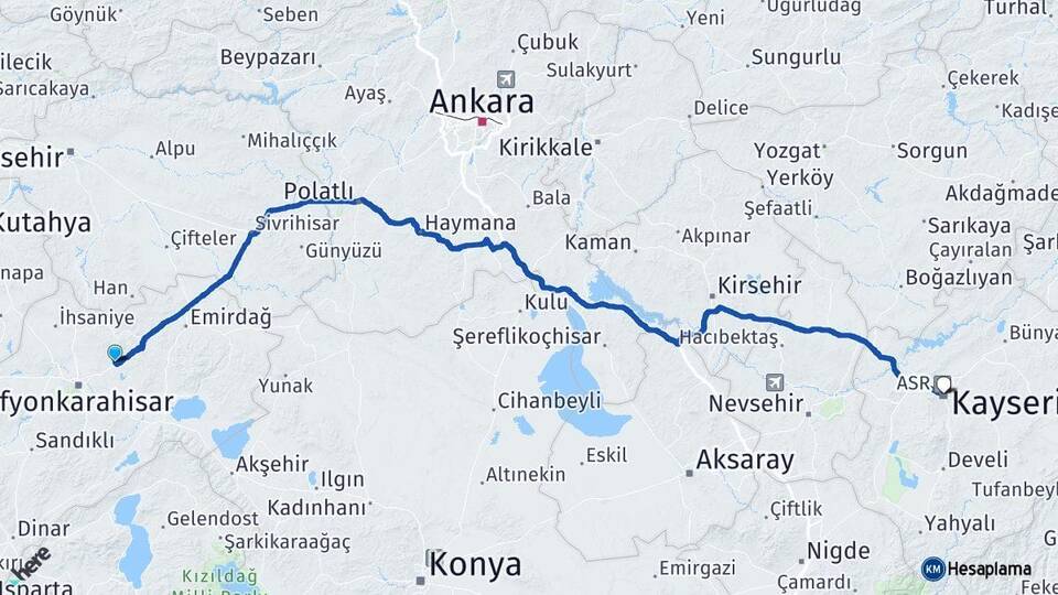 Afyonkarahisar İscehisar Kayseri Arası Kaç Km - Yol Haritası