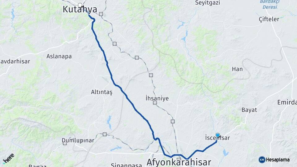 Afyonkarahisar İscehisar Kütahya Arası Kaç Km - Yol Haritası