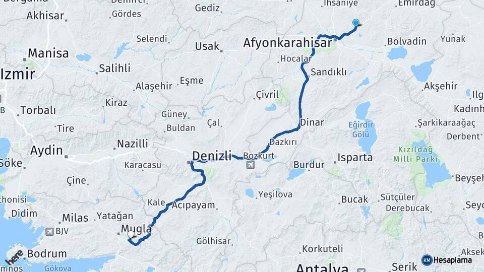 Afyonkarahisar İscehisar Muğla Arası Kaç Km - Yol Haritası