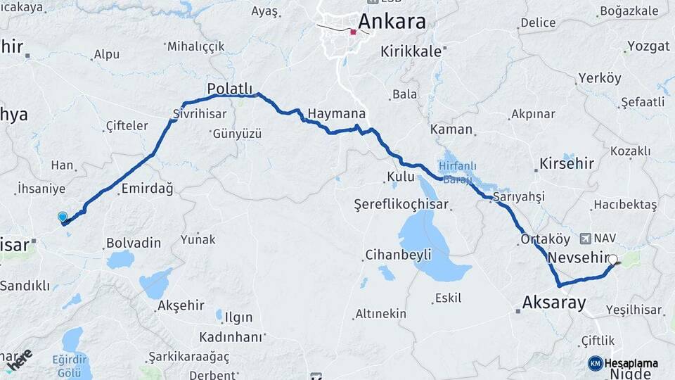 Afyonkarahisar İscehisar Nevşehir Arası Kaç Km - Yol Haritası