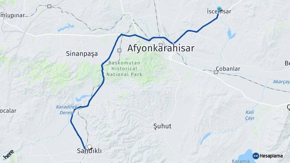 Afyonkarahisar İscehisar Sandıklı Arası Kaç Km - Yol Haritası