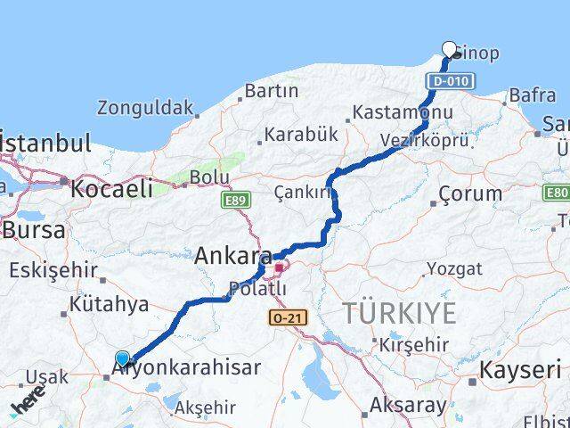 Afyonkarahisar İscehisar Sinop Arası Kaç Km - Yol Haritası
