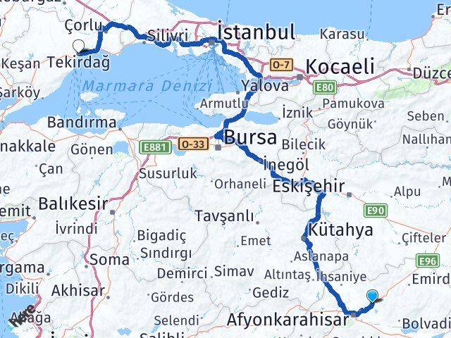 Afyonkarahisar İscehisar Tekirdağ Arası Kaç Km - Yol Haritası