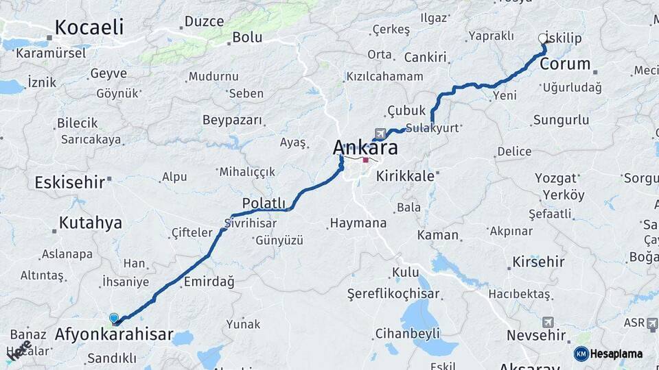 Afyonkarahisar İskilip Çorum Arası Kaç Km - Yol Haritası