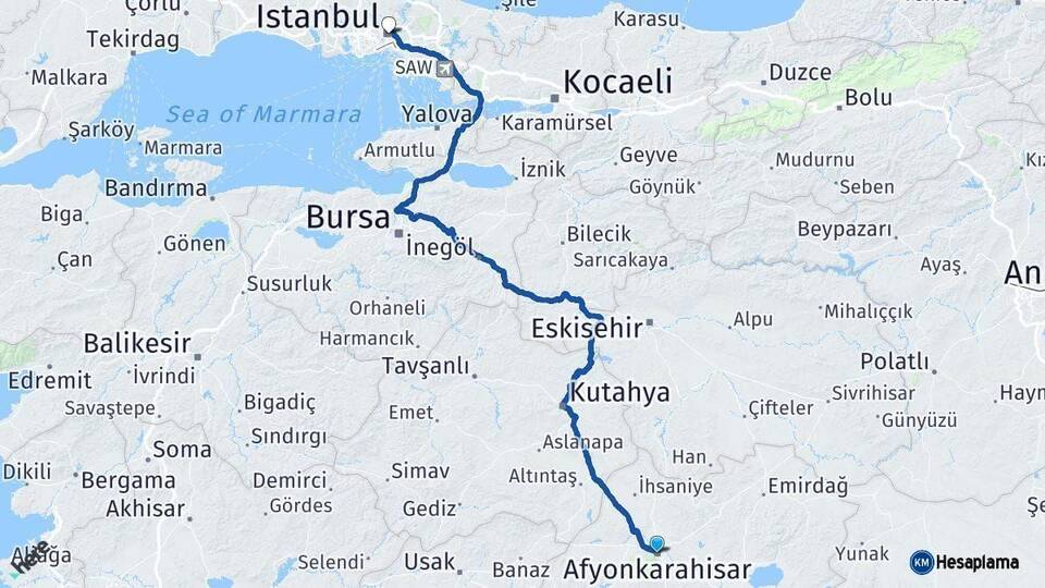 Afyonkarahisar İstanbul Arası Kaç Km - Yol Haritası