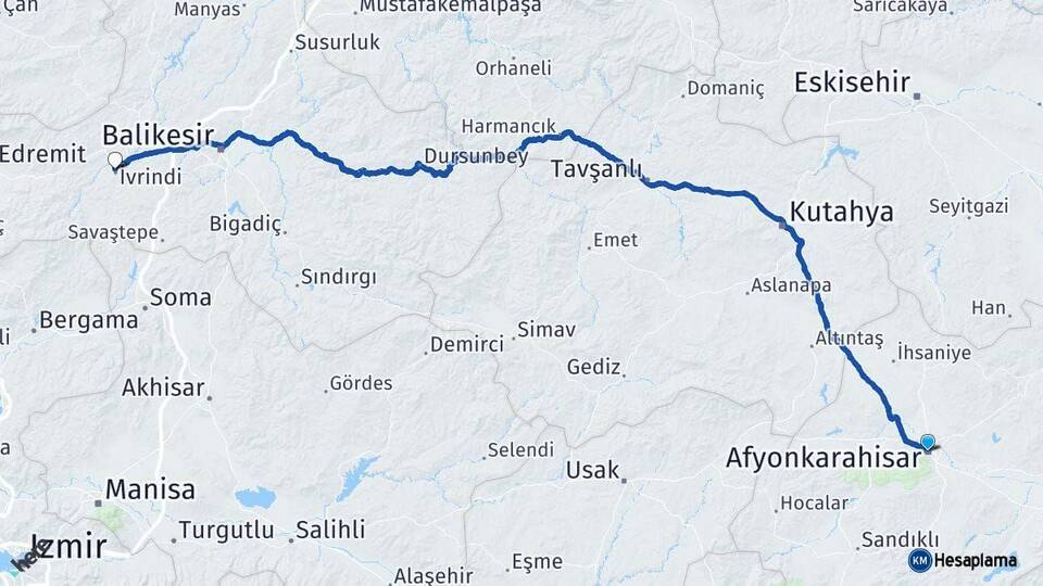 Afyonkarahisar İvrindi Balıkesir Arası Kaç Km - Yol Haritası