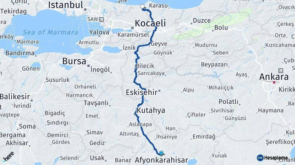Afyonkarahisar Kandıra Kocaeli Arası Kaç Km - Yol Haritası