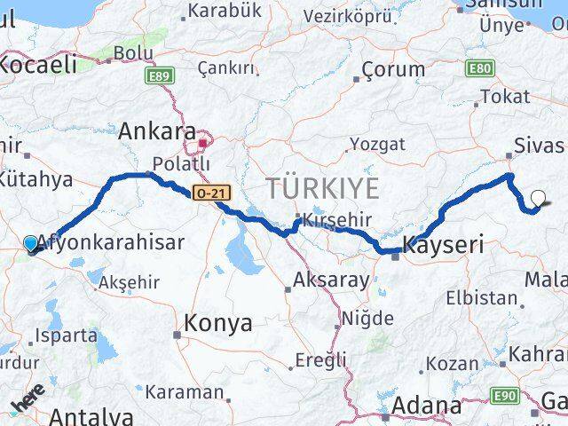 Afyonkarahisar Kangal Sivas Arası Kaç Km - Yol Haritası