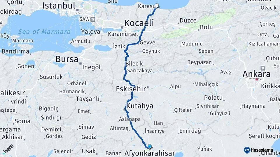Afyonkarahisar Karasu Sakarya Arası Kaç Km - Yol Haritası