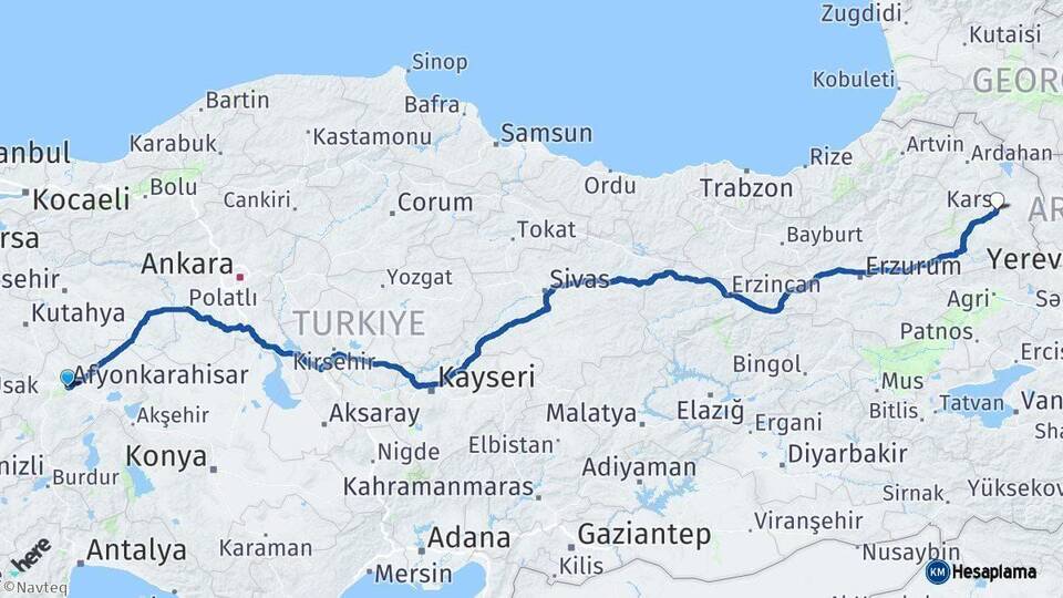 Afyonkarahisar Kars Arası Kaç Km - Yol Haritası