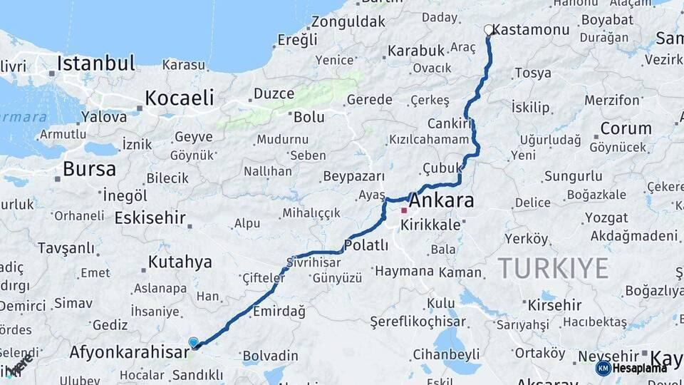 Afyonkarahisar Kastamonu Arası Kaç Km - Yol Haritası