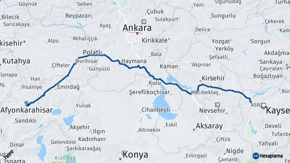 Afyonkarahisar Kayseri Arası Kaç Km - Yol Haritası
