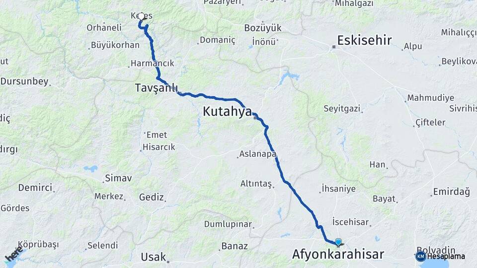 Afyonkarahisar Keles Bursa Arası Kaç Km - Yol Haritası