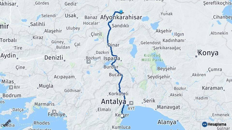 Afyonkarahisar Kemer Antalya Arası Kaç Km - Yol Haritası