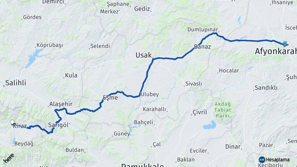 Afyonkarahisar Kiraz İzmir Arası Kaç Km - Yol Haritası