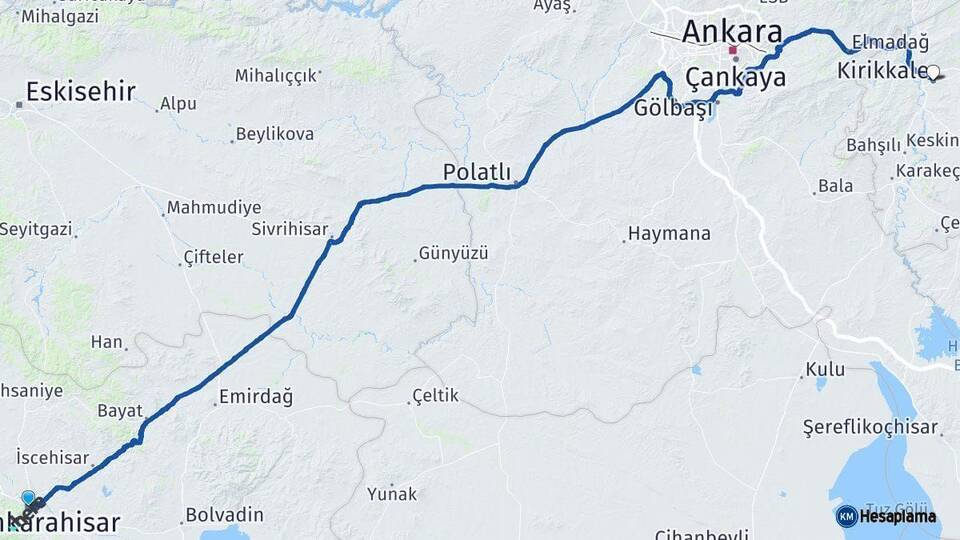 Afyonkarahisar Kırıkkale Arası Kaç Km - Yol Haritası
