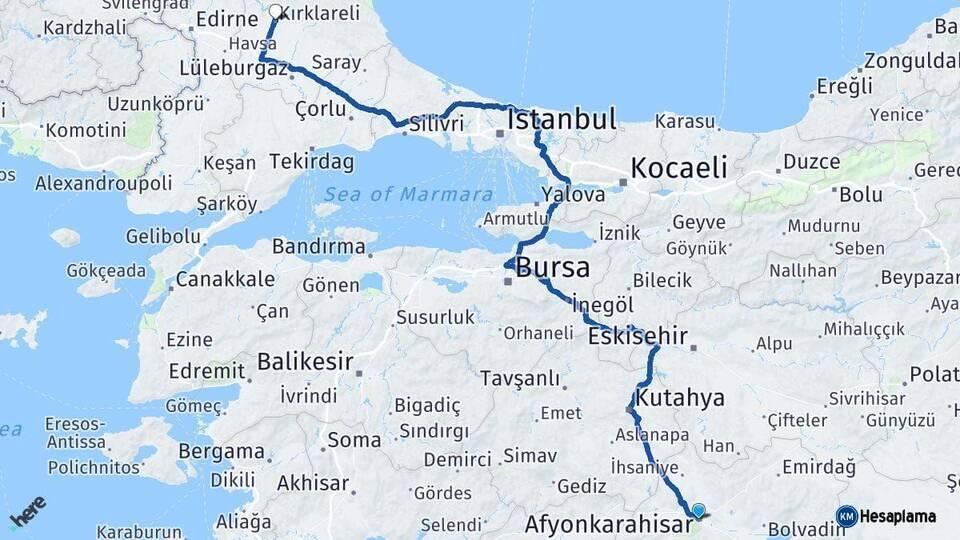 Afyonkarahisar Kırklareli Arası Kaç Km - Yol Haritası