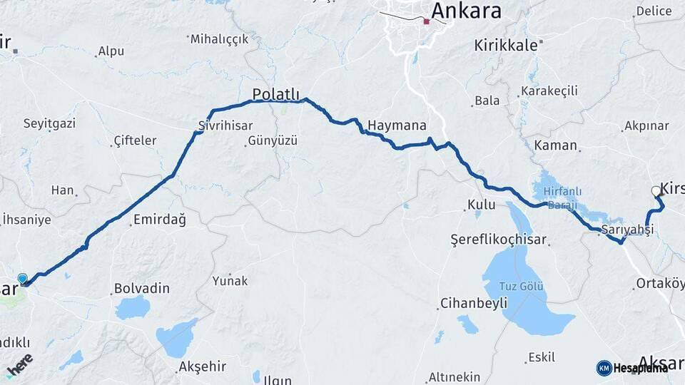 Afyonkarahisar Kırşehir Arası Kaç Km - Yol Haritası