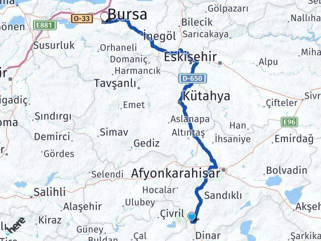 Afyonkarahisar Kızılören Bursa Arası Kaç Km - Yol Haritası