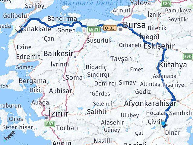 Afyonkarahisar Kızılören Çanakkale Arası Kaç Km - Yol Haritası