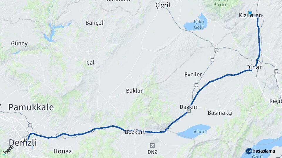 Kızılören Denizli Arası Kaç Km - Yol Tarifi