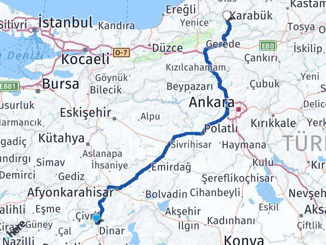 Afyonkarahisar Kızılören Karabük Arası Kaç Km - Yol Haritası