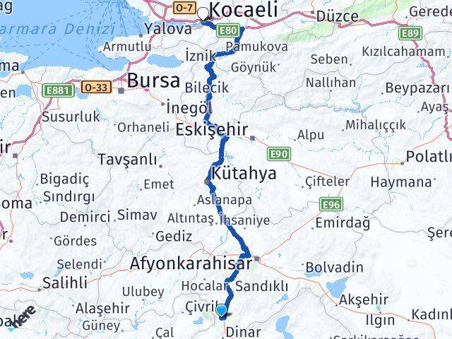 Afyonkarahisar Kızılören Kocaeli Arası Kaç Km - Yol Haritası
