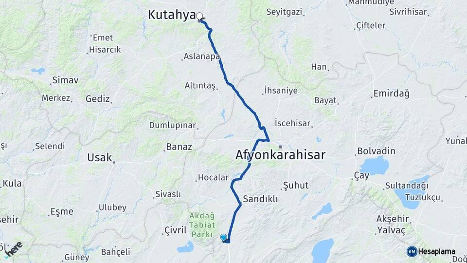 Afyonkarahisar Kızılören Kütahya Arası Kaç Km - Yol Haritası