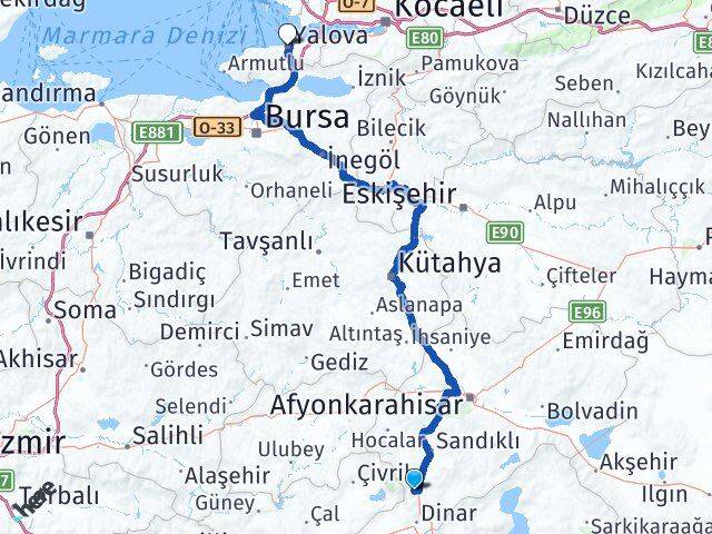 Afyonkarahisar Kızılören Yalova Arası Kaç Km - Yol Haritası