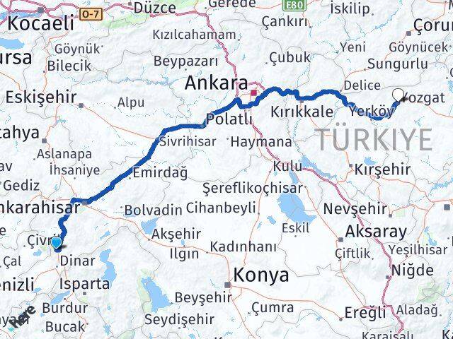 Afyonkarahisar Kızılören Yozgat Arası Kaç Km - Yol Haritası