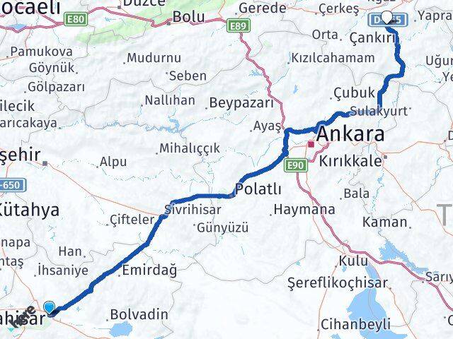 Afyonkarahisar Korgun Çankırı Arası Kaç Km - Yol Haritası