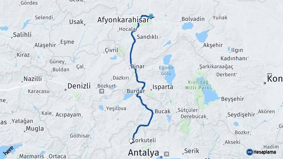 Afyonkarahisar Korkuteli Antalya Arası Kaç Km - Yol Haritası