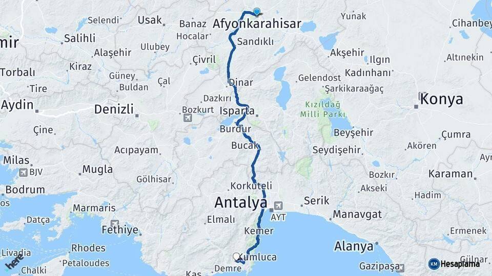 Afyonkarahisar Kumluca Arası Kaç Km - Yol Tarifi