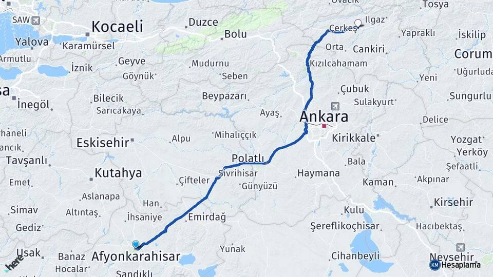 Afyonkarahisar Kurşunlu Çankırı Arası Kaç Km - Yol Haritası