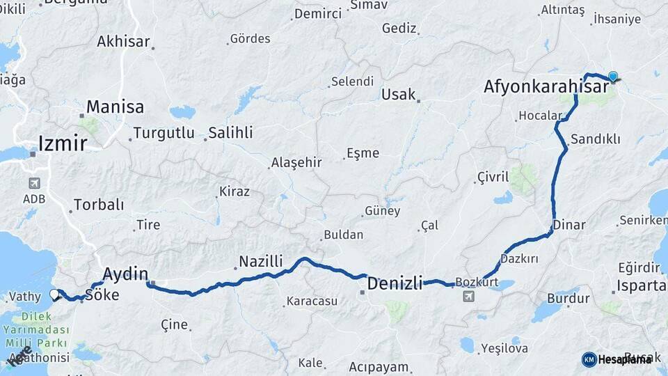 Afyonkarahisar Kuşadası Aydın Arası Kaç Km - Yol Haritası