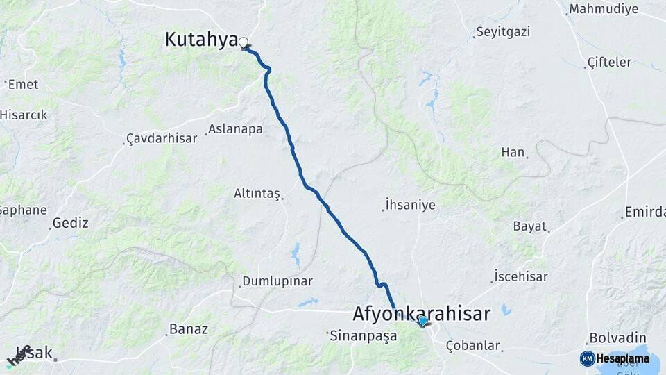 Afyonkarahisar Kütahya Arası Kaç Km - Yol Haritası