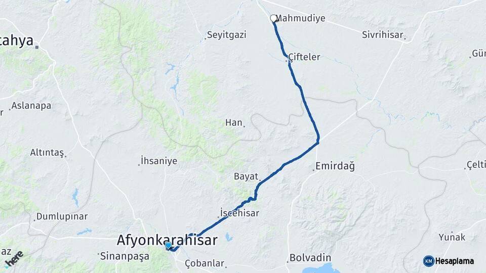 Afyonkarahisar Mahmudiye Eskişehir Arası Kaç Km - Yol Haritası