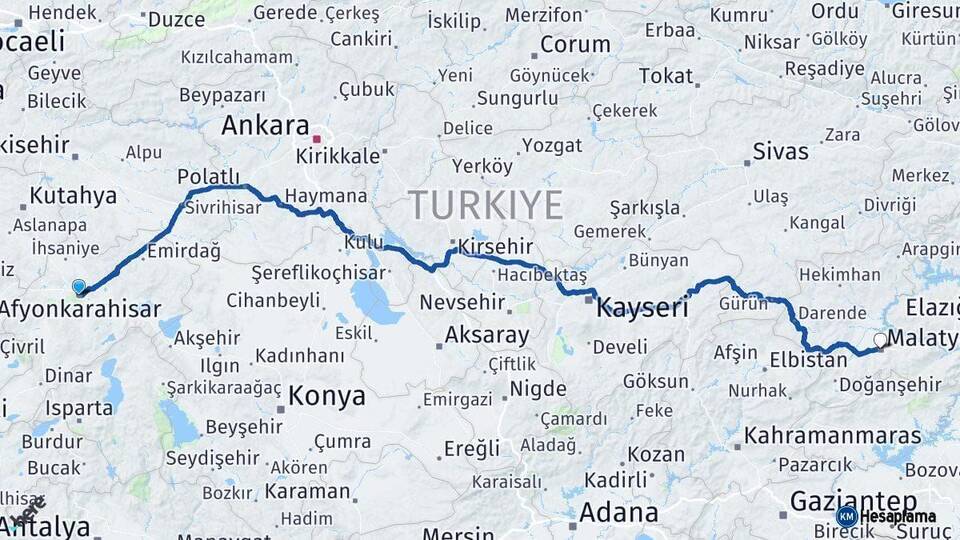 Afyonkarahisar Malatya Arası Kaç Km - Yol Haritası