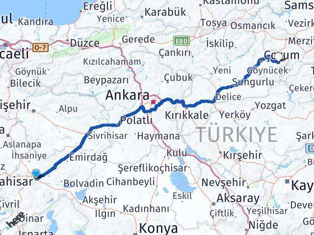 Afyonkarahisar Mecitözü Çorum Arası Kaç Km - Yol Haritası