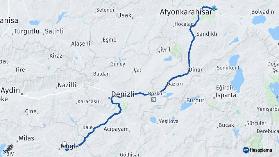 Afyonkarahisar Menteşe Muğla Arası Kaç Km - Yol Haritası