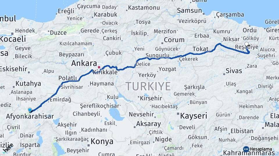 Afyonkarahisar Mesudiye Ordu Arası Kaç Km - Yol Haritası