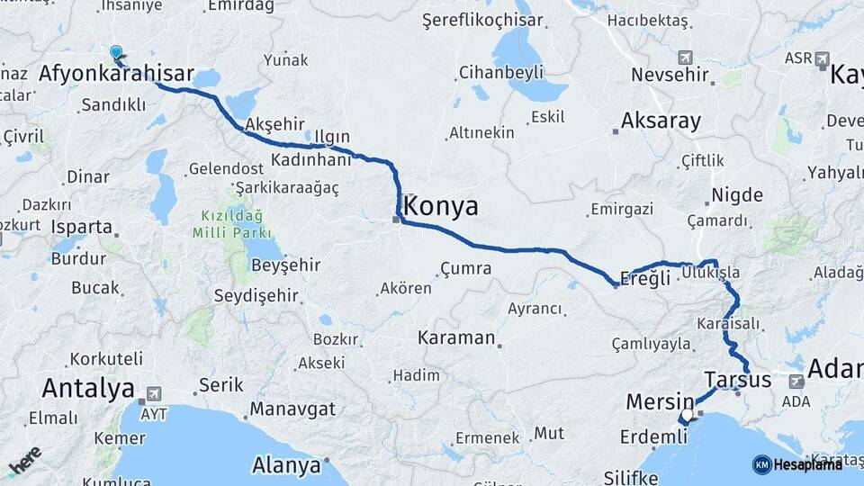 Afyonkarahisar Mezitli Mersin Arası Kaç Km - Yol Haritası