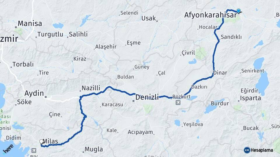 Afyonkarahisar Milas Muğla Arası Kaç Km - Yol Haritası