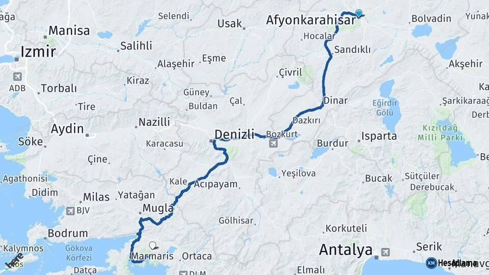 Afyonkarahisar Muğla Arası Kaç Km - Yol Haritası