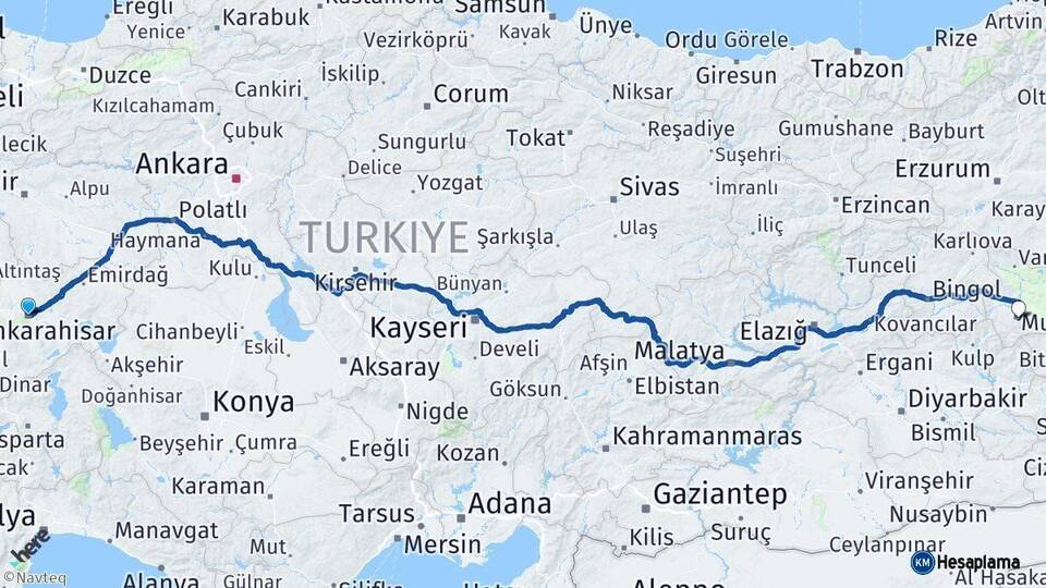 Afyonkarahisar Muş Arası Kaç Km - Yol Haritası