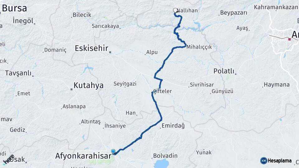 Afyonkarahisar Nallıhan Ankara Arası Kaç Km - Yol Haritası