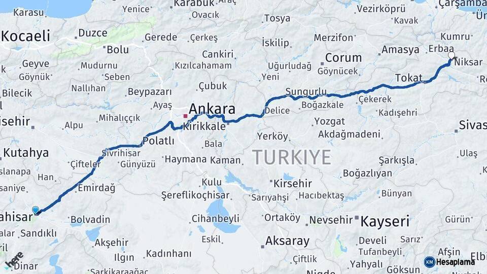 Afyonkarahisar Niksar Tokat Arası Kaç Km - Yol Haritası